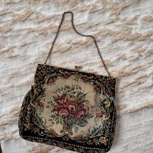 1950s floral tapestry handbag/made in France/vintage needlepoint evening bag